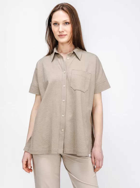 Women'S Ministry of Supply Sand Women'S Hybrid Seersucker Short Sleeve Shirt